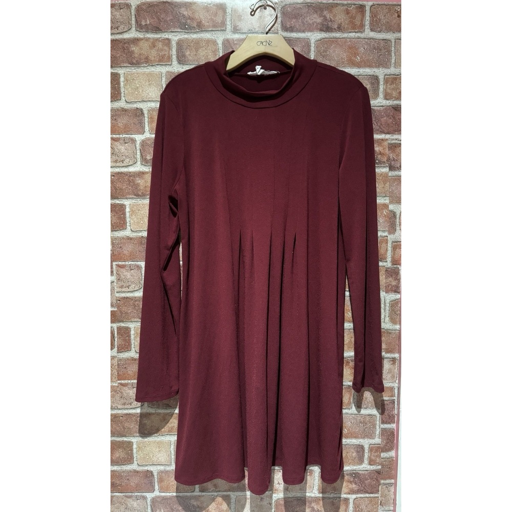 Bcbgeneration Midi Long Slv Dress Women's Size L Burgundy Pleated Mock Neck